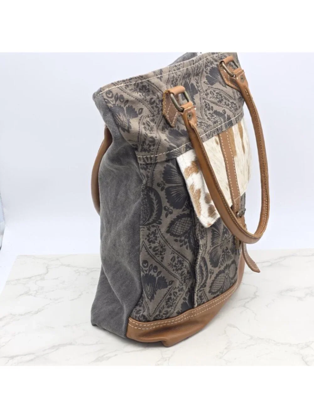 Myra Bag Tote Handbag Womens Brown Canvas Cowhide Leather Floral Western Boho